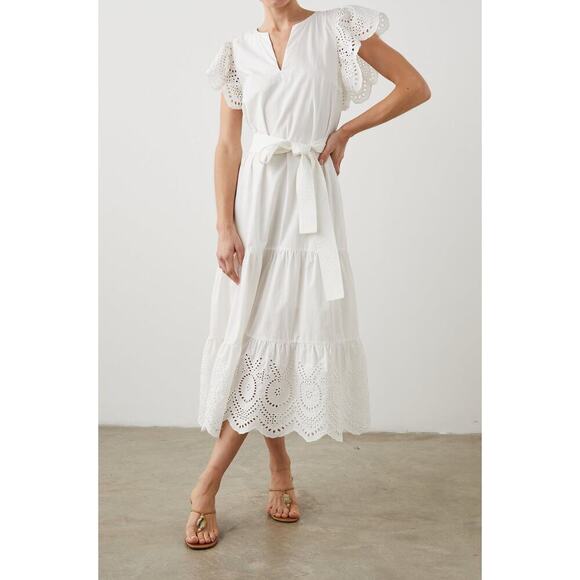 RAILS White Lace Cutout Flutter Sleeves Cotton Blend Tie Waist Gia Dress Size XS - Picture 1 of 10